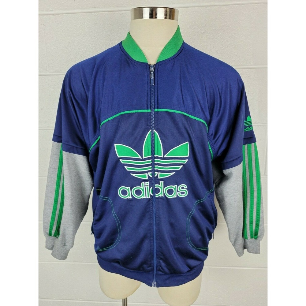 Vintage Mens Adidas D6 F180 Blue‎ Green Zip Front Jacket Gray Sleeves Trefoil M